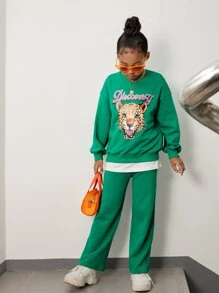 SHEIN Cô gái Tween Lá thư Và In hoa Báo Thả vai Áo chui đầu và quần thể thao - màu xanh lá - Xem 6