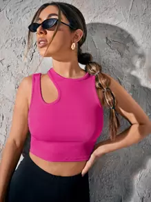 Chiquease Asymmetrical Neck Rib-knit Crop Top - Hot Pink - View 1