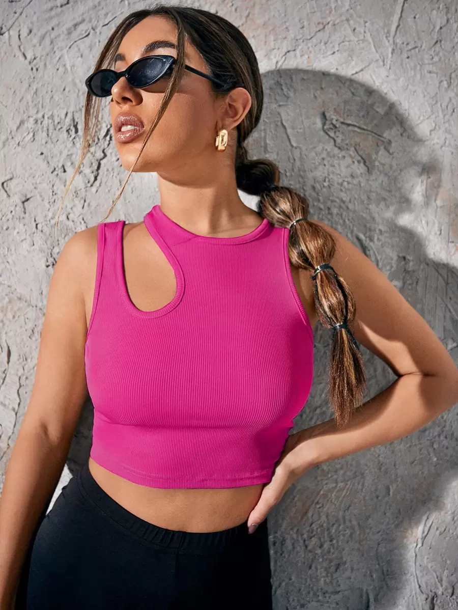 Chiquease Asymmetrical Neck Rib-knit Crop Top - Hot Pink - View 1