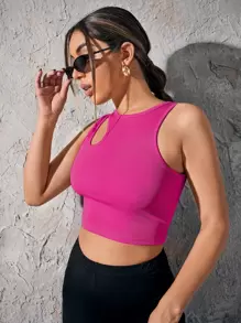 Chiquease Asymmetrical Neck Rib-knit Crop Top - Hot Pink - View 3