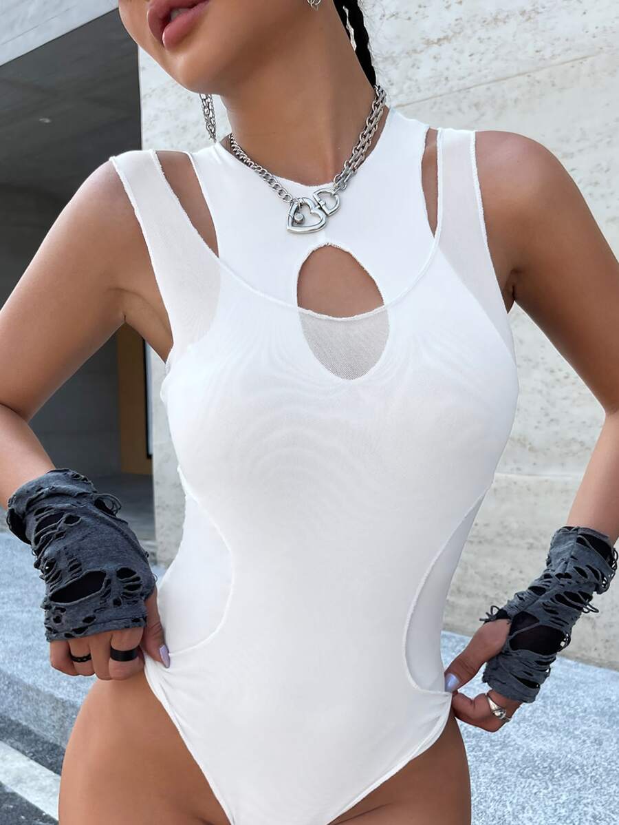 SHEIN ICON Cut Out Slim Fit 2 In 1 Tank Bodysuit - White - View 1