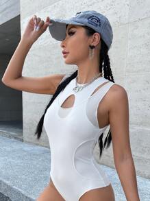 SHEIN ICON Cut Out Slim Fit 2 In 1 Tank Bodysuit - White - View 3