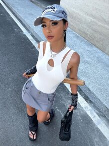 SHEIN ICON Cut Out Slim Fit 2 In 1 Tank Bodysuit - White - View 5