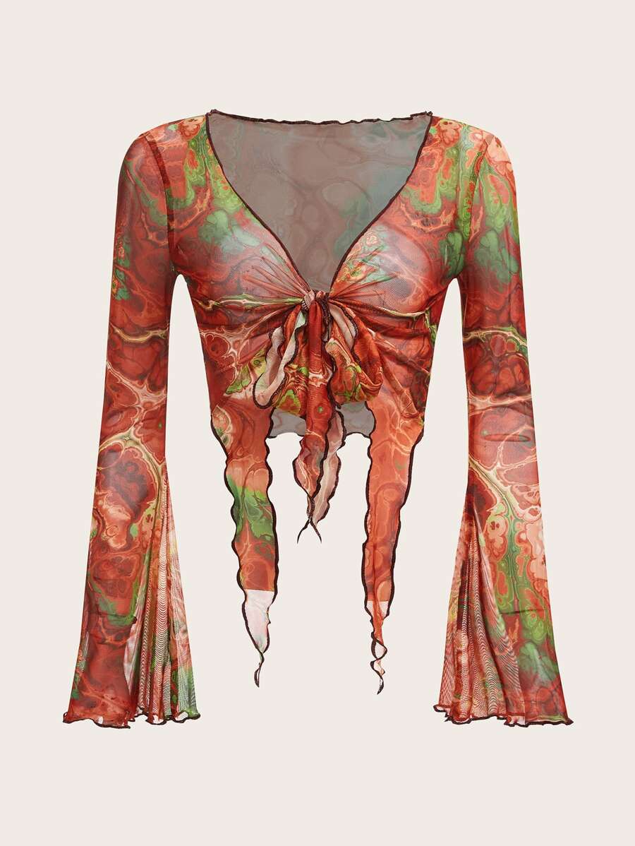 SHEIN ICON Áo nữ Bất đối xứng Xù nhỏ Thắt nơ trước Đồ họa Boho - Nhiều màu - Xem 1