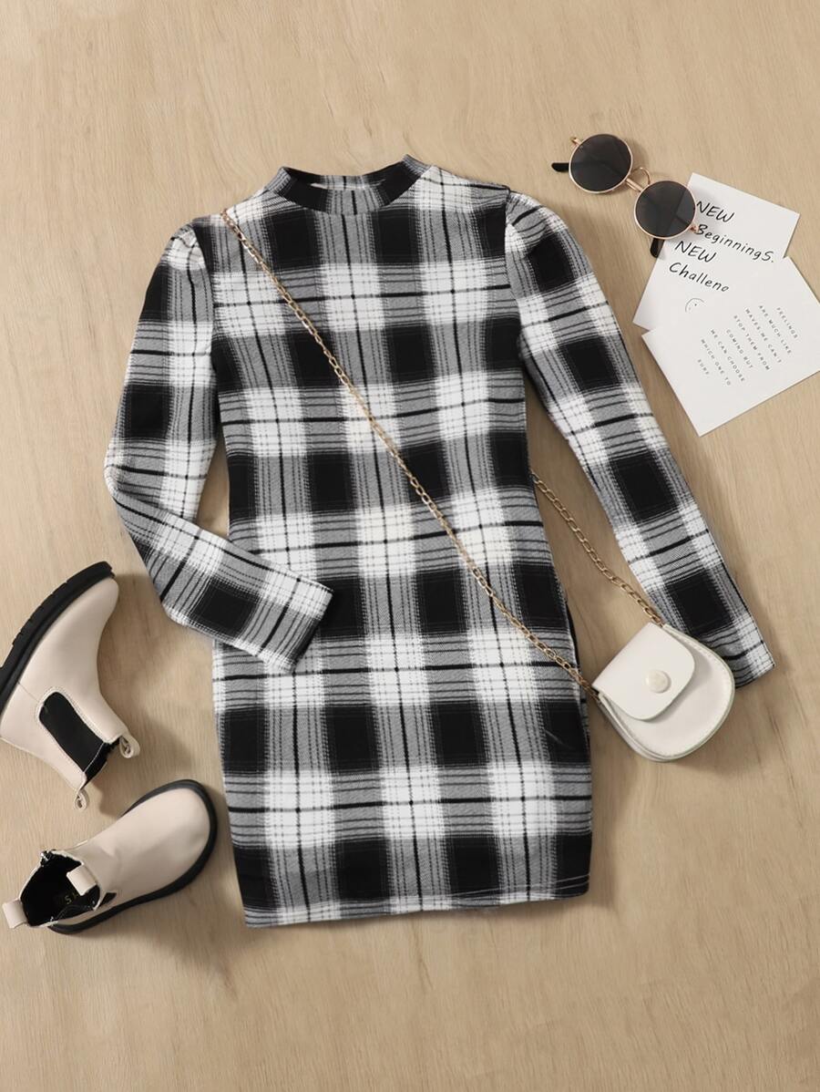SHEIN 女孩小高領格紋連衣裙 - 黑與白 - 查看 1