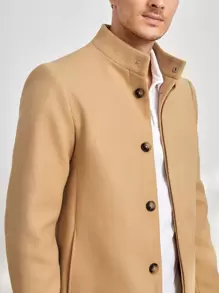 Manfinity VCAY 男士斜插口袋前排扣花呢外套 - 卡其色 - 查看 4
