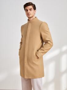 Manfinity VCAY 男士斜插口袋前排扣花呢外套 - 卡其色 - 查看 6