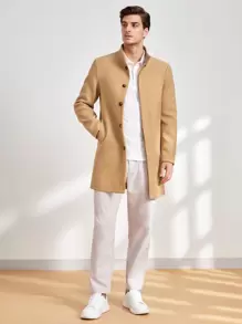 Manfinity VCAY 男士斜插口袋前排扣花呢外套 - 卡其色 - 查看 7