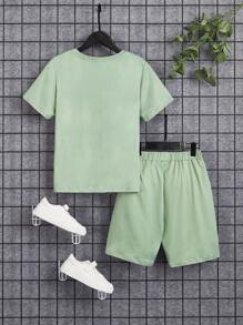 SHEIN 男孩字母補丁細節T恤和短褲 - 薄荷綠 - 查看 2
