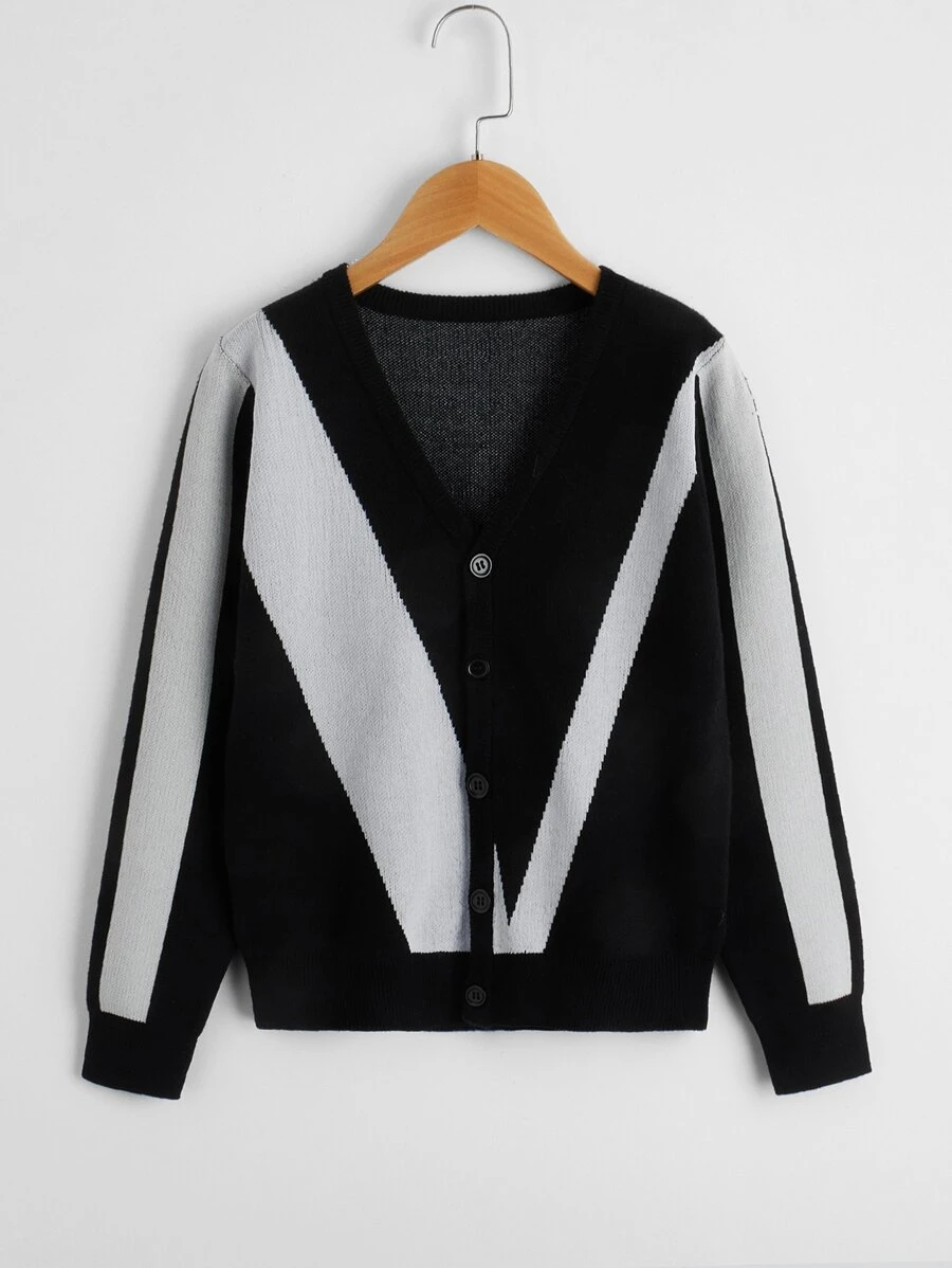 SHEIN Boys 1pc Two Tone Cardigan - Black and White - View 1