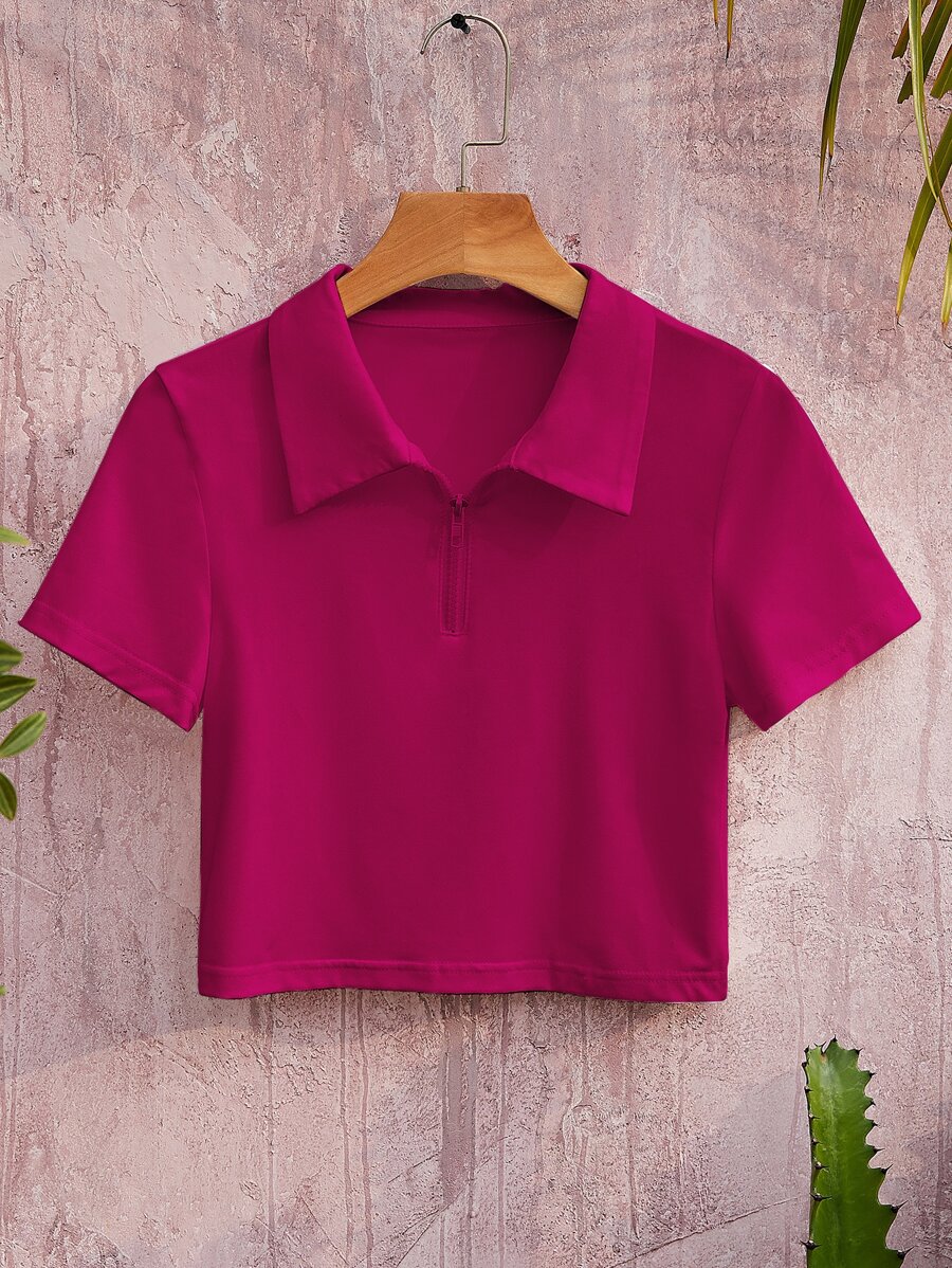 INAWLY 半拉鏈素色T恤 - 玫瑰紅 - 查看 1