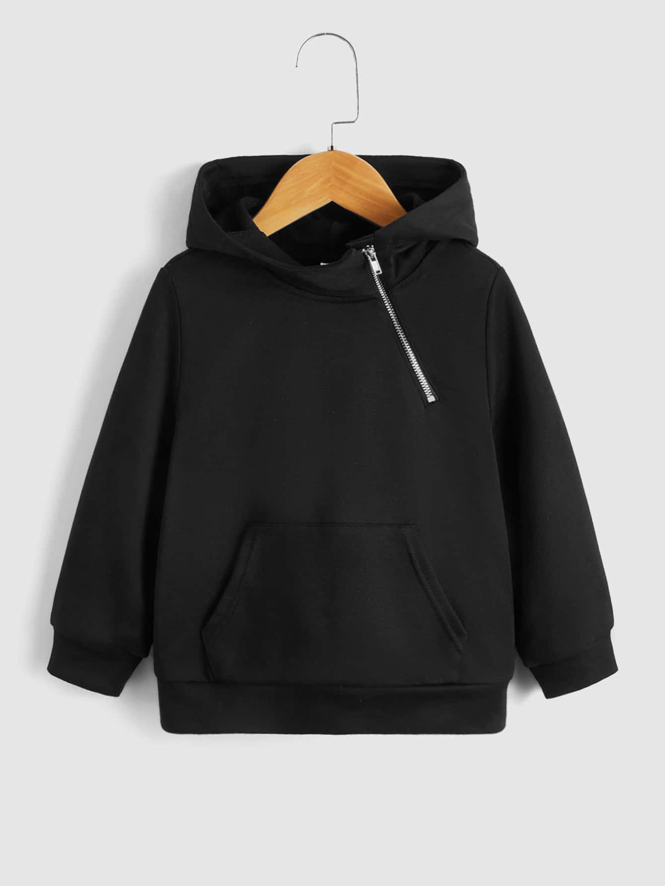 SHEIN Young Boys Solid Kangaroo Pocket Sweatshirt - Black - View 1