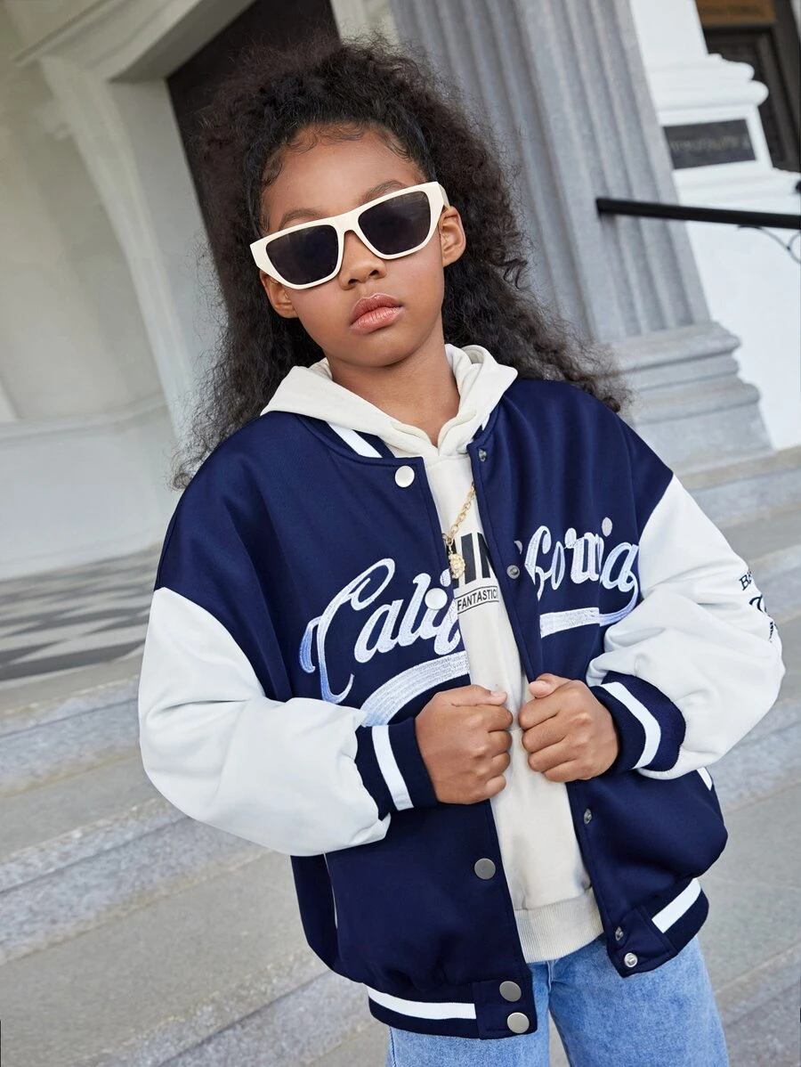 SHEIN Girls Letter Embroidered Drop Shoulder Varsity Jacket - Navy Blue - View 1