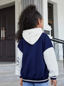 SHEIN Girls Letter Embroidered Drop Shoulder Varsity Jacket - Navy Blue - View 2