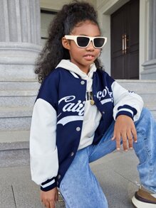 SHEIN Girls Letter Embroidered Drop Shoulder Varsity Jacket - Navy Blue - View 3