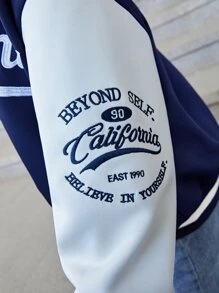 SHEIN Girls Letter Embroidered Drop Shoulder Varsity Jacket - Navy Blue - View 4