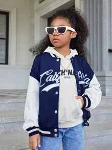 SHEIN Girls Letter Embroidered Drop Shoulder Varsity Jacket - Navy Blue - View 6