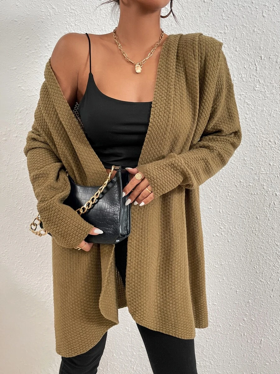 不對稱下擺落肩袖開襟衫 - 駝色 - 查看 1