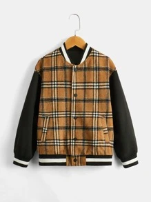 SHEIN Boys Plaid Drop Shoulder Varsity Jacket - Multicolor - View 6