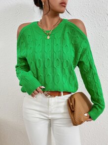 SHEIN Privé Cable Knit Cold Shoulder Jumper - Green - View 1