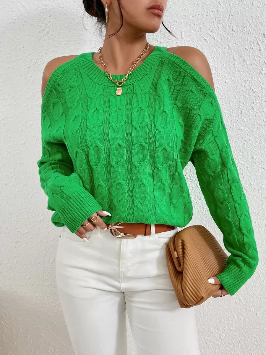 SHEIN Privé Cable Knit Cold Shoulder Jumper - Green - View 1