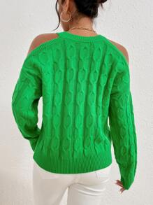 SHEIN Privé Cable Knit Cold Shoulder Jumper - Green - View 2