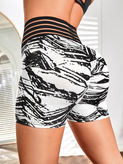 Graphic Print Mesh Insert Scrunch Butt Sports Biker Shorts