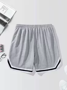 Aesthetic Post--Loose Fit Men's Short With Letter Print, Contrast Trimming And Drawstring Waist - Light Grey - View 2