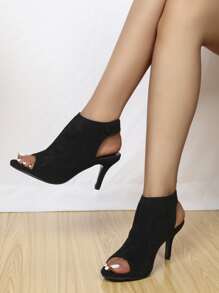 女士极简细高跟露跟凉鞋，优雅夏季仿麂皮高跟凉鞋，优雅小猫跟 - 黑色 - 查看 6