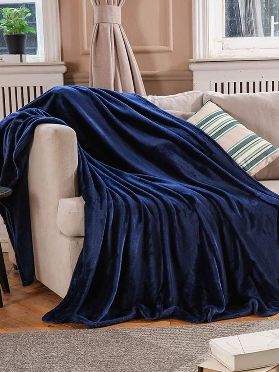 1入組床和沙發素色法蘭絨毯子柔軟蓋毯保暖床上用品家居裝飾 - 藏蓝色 - 查看 1