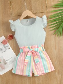 SHEIN 小女童蝴蝶袖T恤和塊狀條紋附腰帶短褲 - 彩色 - 查看 1