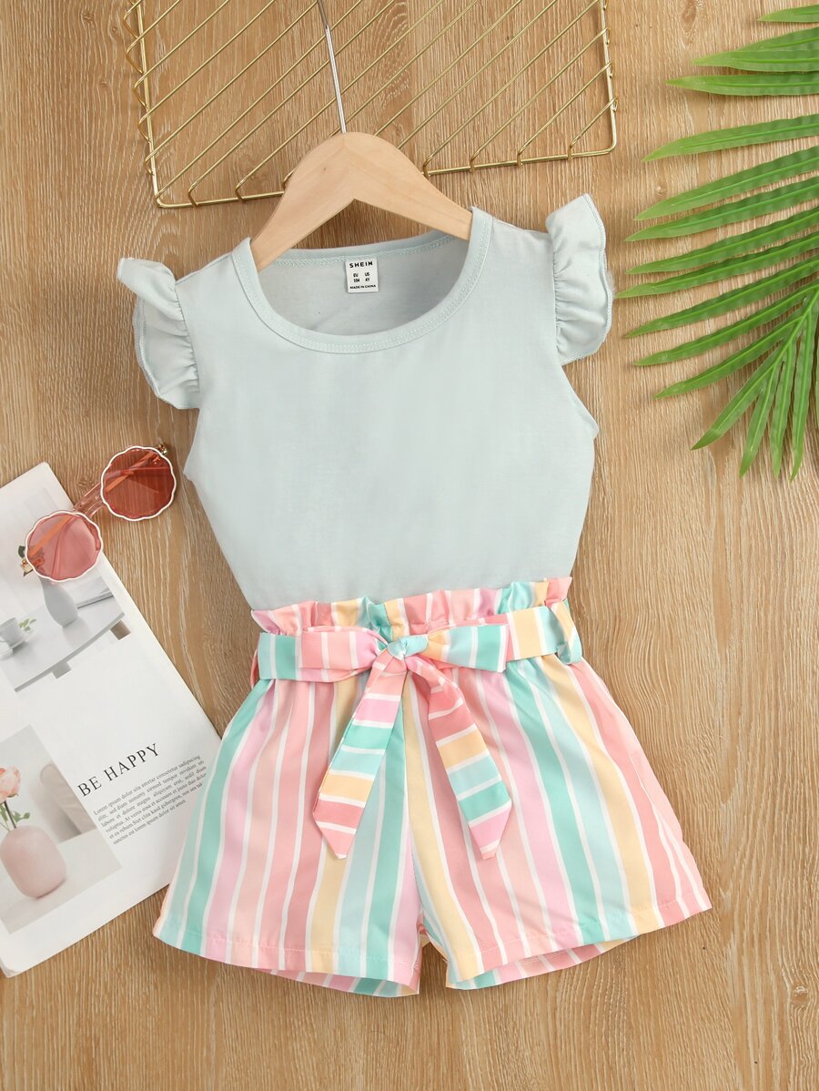 SHEIN 小女童蝴蝶袖T恤和塊狀條紋附腰帶短褲 - 彩色 - 查看 1
