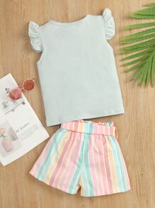 SHEIN 小女童蝴蝶袖T恤和塊狀條紋附腰帶短褲 - 彩色 - 查看 2