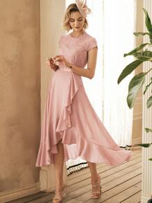 MIUSOL Floral Lace Ruffle Neck Chiffon Maxi Dress, Suitable For Formal Parties, Semi-Formal Occasions, Elegant Dinners - Baby Pink - View 2