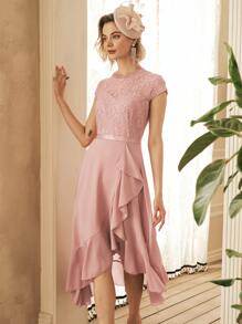MIUSOL Floral Lace Ruffle Neck Chiffon Maxi Dress, Suitable For Formal Parties, Semi-Formal Occasions, Elegant Dinners - Baby Pink - View 4