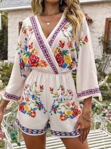 SHEIN Unity 花卉和幾何圖案蝙蝠袖連身短褲 - 白色 - 查看 4