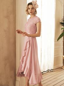 MIUSOL Floral Lace Ruffle Neck Chiffon Maxi Dress, Suitable For Formal Parties, Semi-Formal Occasions, Elegant Dinners - Baby Pink - View 6