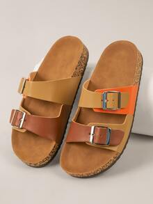 Casual Contrast Strap Cork Footbed Sandals - Rust Brown - View 3