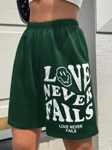 SHEIN Unity Slogan & Cartoon Graphic Shorts - Dark Green - View 1