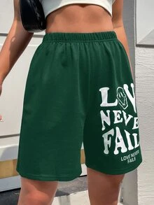 SHEIN Unity Slogan & Cartoon Graphic Shorts - Dark Green - View 4