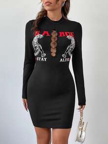 Tiger & Letter Graphic O-ring Detail Mock Neck Cut Out Bodycon Dress - Black - View 6