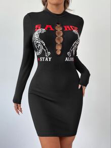 Tiger & Letter Graphic O-ring Detail Mock Neck Cut Out Bodycon Dress - Black - View 4
