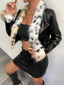 SHEIN ICON Cazadora de color combinado en contraste ribete mullido PU - Negro - Ver 6