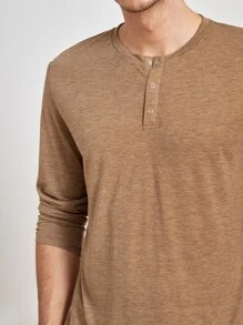 GENTILAND 男士紐扣半開襟T恤 - 棕色 - 查看 3