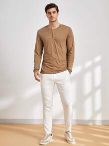 GENTILAND 男士紐扣半開襟T恤 - 棕色 - 查看 4