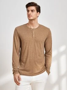 GENTILAND 男士紐扣半開襟T恤 - 棕色 - 查看 5