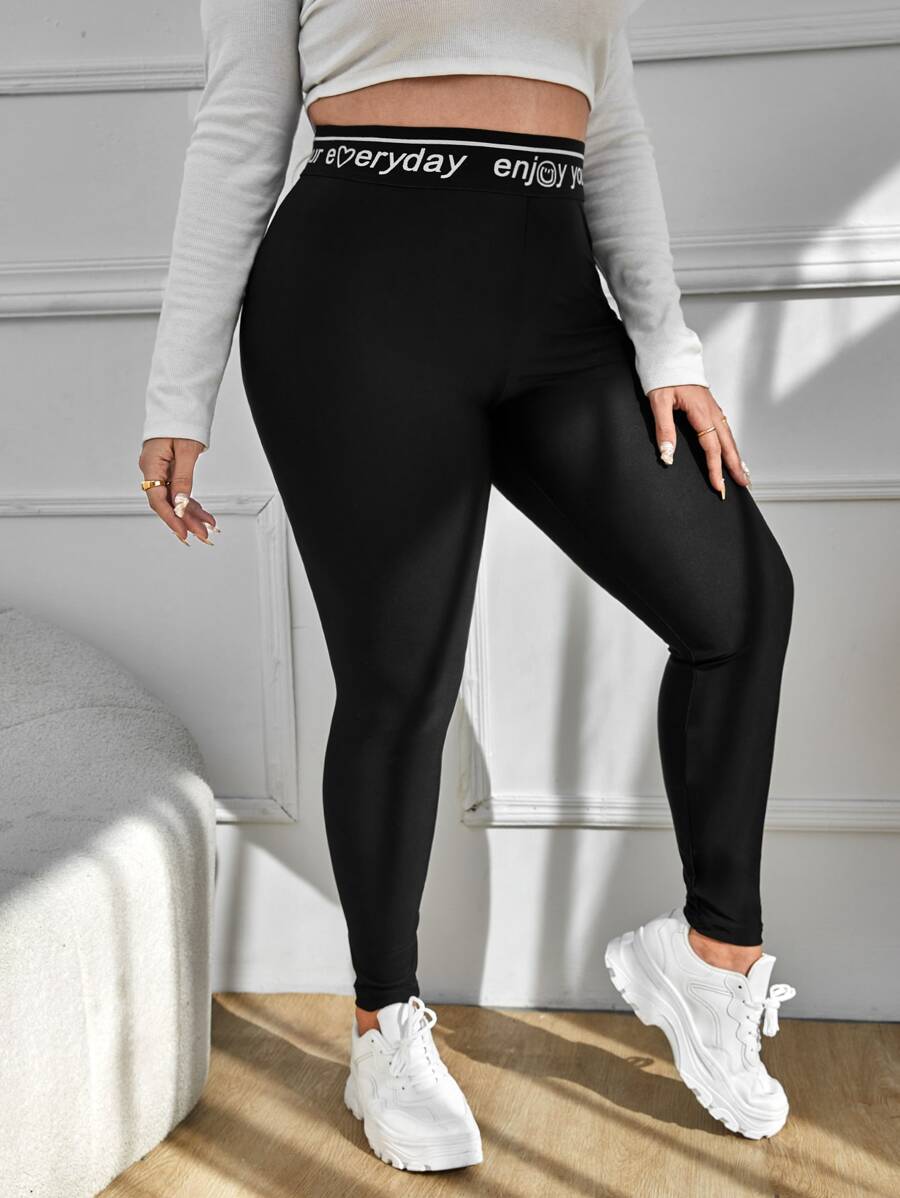 Plus Contrast Letter Tape Leggings - Black - View 1