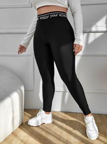Plus Contrast Letter Tape Leggings - Black - View 3