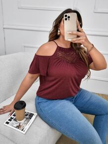 SHEIN LUNE 大碼水溶蕾絲拼接挖肩T恤 - 紫紅色 - 查看 1