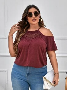 SHEIN LUNE 大碼水溶蕾絲拼接挖肩T恤 - 紫紅色 - 查看 3